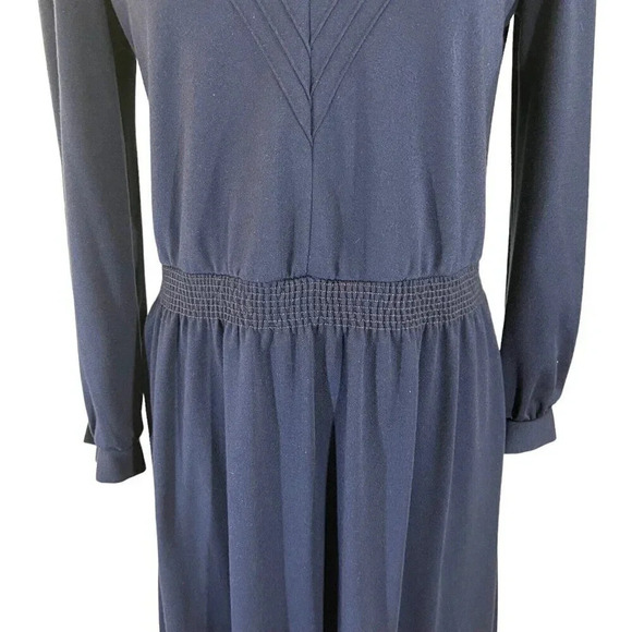 Cora's Closet Navy Blue Vintage Dress Cottagecore Unique Stitched Neckline Knit - Picture 5 of 7